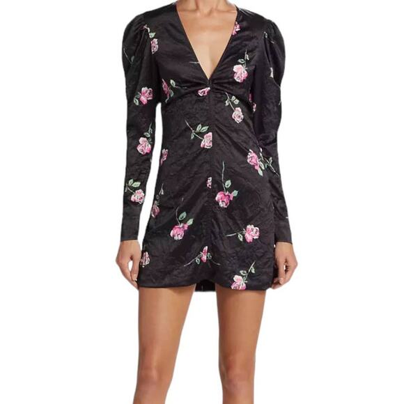 Ganni dress Crinkled satin black floral minidress size 32 (US XXS) - Picture 5 of 6